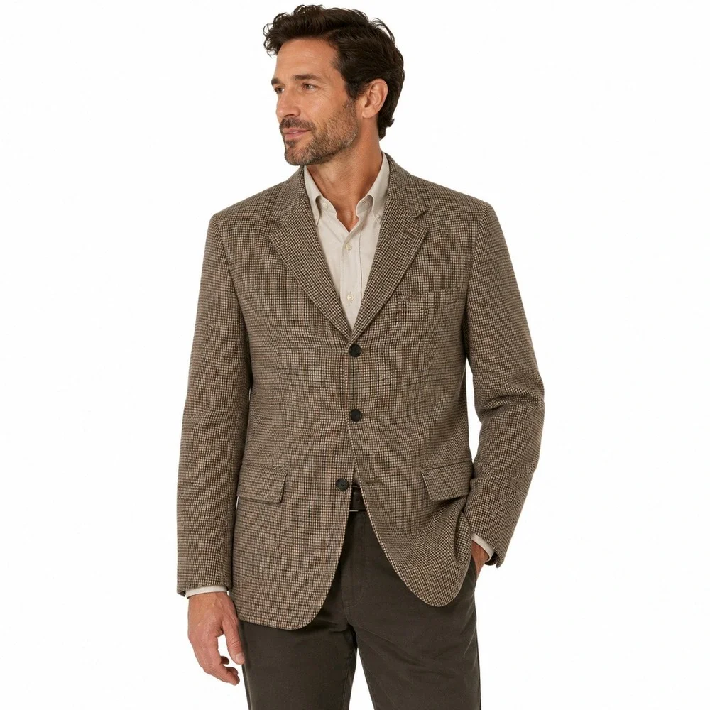 Vintage J.Crew Blazer Mens 42R Brown Houndstooth 100% Wool 3-Button Sport Coat